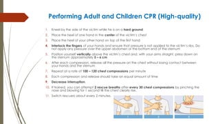 Performing Adult and Children CPR (High-quality)
1. Kneel by the side of the victim while he is on a hard ground.
2. Place the heel of one hand in the center of the victim’s chest
3. Place the heel of your other hand on top of the first hand
4. Interlock the fingers of your hands and ensure that pressure is not applied to the victim’s ribs. Do
not apply any pressure over the upper abdomen or the bottom end of the sternum
5. Position yourself vertically above the victim’s chest and, with your arms straight, press down on
the sternum approximately 5 – 6 cm
6. After each compression, release all the pressure on the chest without losing contact between
your hands and the sternum
7. Repeat at a rate of 100 – 120 chest compressions per minute
8. Each compression and release should take an equal amount of time
9. Decrease interruption.
10. If trained, you can attempt 2 rescue breaths after every 30 chest compressions by pinching the
nose and blowing for 1 second till the chest clearly rise.
11. Switch rescuers about every 2 minutes.
 