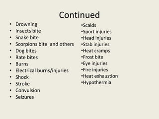 Continued
• Drowning
• Insects bite
• Snake bite
• Scorpions bite and others
• Dog bites
• Rate bites
• Burns
• Electrical burns/injuries
• Shock
• Stroke
• Convulsion
• Seizures
•Scalds
•Sport injuries
•Head injuries
•Stab injuries
•Heat cramps
•Frost bite
•Eye injuries
•Fire injuries
•Heat exhaustion
•Hypothermia
 