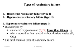 Types of respiratory failure
8/26/2023 BY: MEAZA LEMA 46
1. Hypoxemic respiratory failure (type I)
2. Hypercapnic respiratory failure (type II)
1. Hypoxemic respiratory failure (type I)
 characterized by:
 an arterial oxygen tension (Pa O2) lower than 60 mm Hg
 with a normal or low arterial carbon dioxide tension (Pa
CO2).
 The most common form of respiratory failure.
 