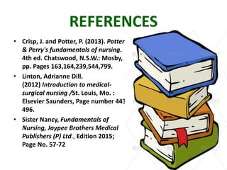 REFERENCES
• Crisp, J. and Potter, P. (2013). Potter
& Perry's fundamentals of nursing.
4th ed. Chatswood, N.S.W.: Mosby,
pp. Pages 163,164,239,544,799.
• Linton, Adrianne Dill.
(2012) Introduction to medical-
surgical nursing /St. Louis, Mo. :
Elsevier Saunders, Page number 443-
496.
• Sister Nancy, Fundamentals of
Nursing, Jaypee Brothers Medical
Publishers (P) Ltd., Edition 2015;
Page No. 57-72
 