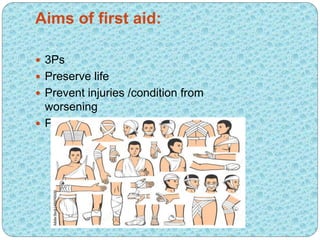 Aims of first aid:
 3Ps
 Preserve life
 Prevent injuries /condition from
worsening
 Promote Recovery
 