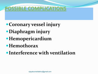 Coronary vessel injury
Diaphragm injury
Hemopericardium
Hemothorax
Interference with ventilation
vijayakumarblathur@gmail.com
 