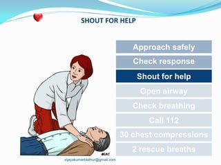30 CHEST COMPRESSIONS
Approach safely
Check response
Shout for help
Open airway
Check breathing
Call 108
30 chest compress...