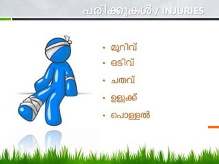 െരിക്കുകള്‍ / INJURIES
• മുറിവ്
• ഒടിവ്
• െതവ്
• ഉളുക്ക്
• ചരോള്ളല്‍
 