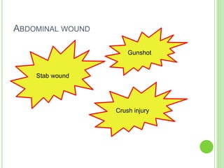 ABDOMINAL WOUND
Crush injury
Gunshot
Stab wound
 