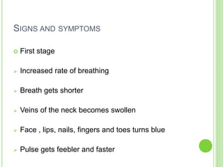 SIGNS AND SYMPTOMS
 First stage
 Increased rate of breathing
 Breath gets shorter
 Veins of the neck becomes swollen
 Face , lips, nails, fingers and toes turns blue
 Pulse gets feebler and faster
 