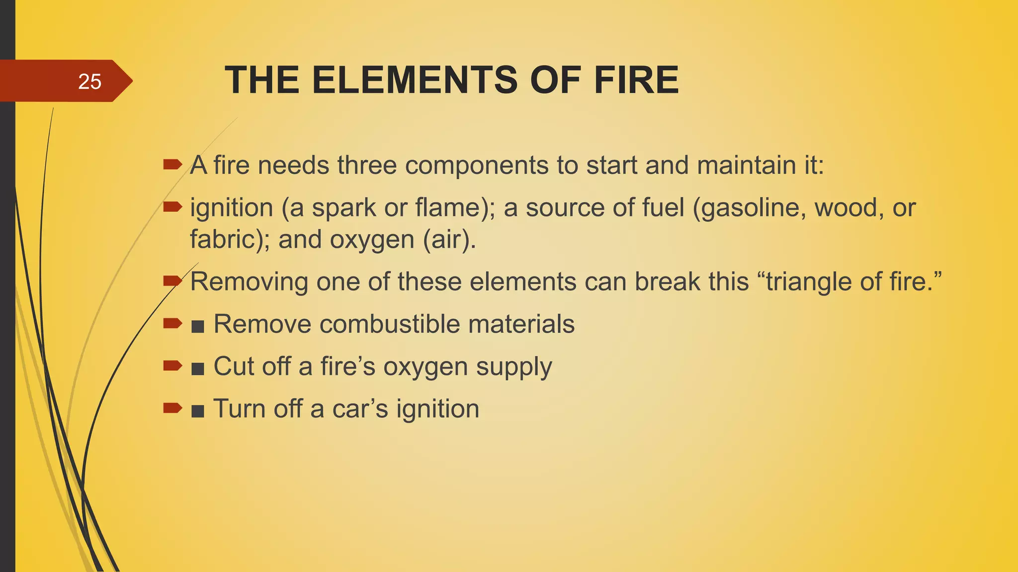 THE ELEMENTS OF FIRE
 A fire needs three components to start and maintain it:
 ignition (a spark or flame); a source of fuel (gasoline, wood, or
fabric); and oxygen (air).
 Removing one of these elements can break this “triangle of fire.”
 ■ Remove combustible materials
 ■ Cut off a fire’s oxygen supply
 ■ Turn off a car’s ignition
25
 