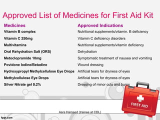 Medicines Approved Indications
Vitamin B complex Nutritional supplements/vitamin. B deficiency
Vitamin C 250mg Vitamin C deficiency disorders
Multivitamins Nutritional supplements/vitamin deficiency
Oral Rehydration Salt (ORS) Dehydration
Metoclopramide 10mg Symptomatic treatment of nausea and vomiting
Povidone Iodine/Betadine Wound dressing
Hydroxypropyl Methylcellulose Eye Drops Artificial tears for dryness of eyes
Methylcellulose Eye Drops Artificial tears for dryness of eyes
Silver Nitrate gel 0.2% Dressing of minor cuts and burns
Asra Hameed (trainee at CDL)
Approved List of Medicines for First Aid Kit
 