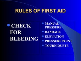 RULES OF FIRST AID

            MANUAL
CHECK       PRESSURE
FOR         BANDAGE
            ELEVATION
BLEEDING    PRESSURE POINT
            TOURNIQUETE
 