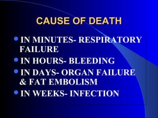 CAUSE OF DEATH
IN MINUTES- RESPIRATORY
 FAILURE
IN HOURS- BLEEDING
IN DAYS- ORGAN FAILURE
 & FAT EMBOLISM
IN WEEKS- INFECTION
 