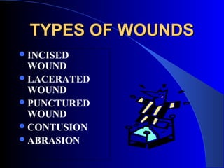 TYPES OF WOUNDS
 INCISED
  WOUND
 LACERATED
  WOUND
 PUNCTURED
  WOUND
 CONTUSION
 ABRASION
 