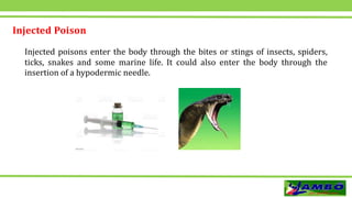 Injected Poison
Injected poisons enter the body through the bites or stings of insects, spiders,
ticks, snakes and some marine life. It could also enter the body through the
insertion of a hypodermic needle.
 