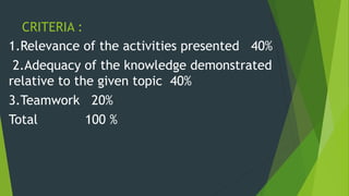 CRITERIA :
1.Relevance of the activities presented 40%
2.Adequacy of the knowledge demonstrated
relative to the given topic 40%
3.Teamwork 20%
Total 100 %
 