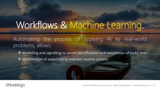 Artificial Intelligence for Business - Brand Management ~ www.firstalign.com ~ 16
Workflows & Machine Learning.
Automating the process of applying AI to real-world
problems, allows:
❖ modelling and signalling to speed identification and completion of tasks; and
❖ optimization of outcomes to improve routine actions.
 