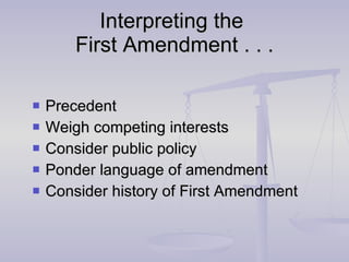 Interpreting the  First Amendment . . . Precedent Weigh competing interests Consider public policy Ponder language of amendment Consider history of First Amendment 