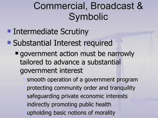 Commercial, Broadcast & Symbolic Intermediate Scrutiny Substantial Interest required government action must be narrowly tailored to advance a substantial government interest smooth operation of a government program protecting community order and tranquility safeguarding private economic interests indirectly promoting public health upholding basic notions of morality 