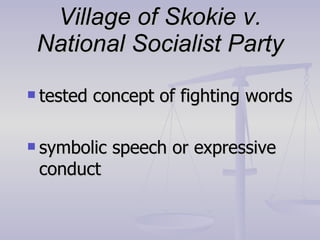 Village of Skokie v. National Socialist Party tested concept of fighting words symbolic speech or expressive conduct 
