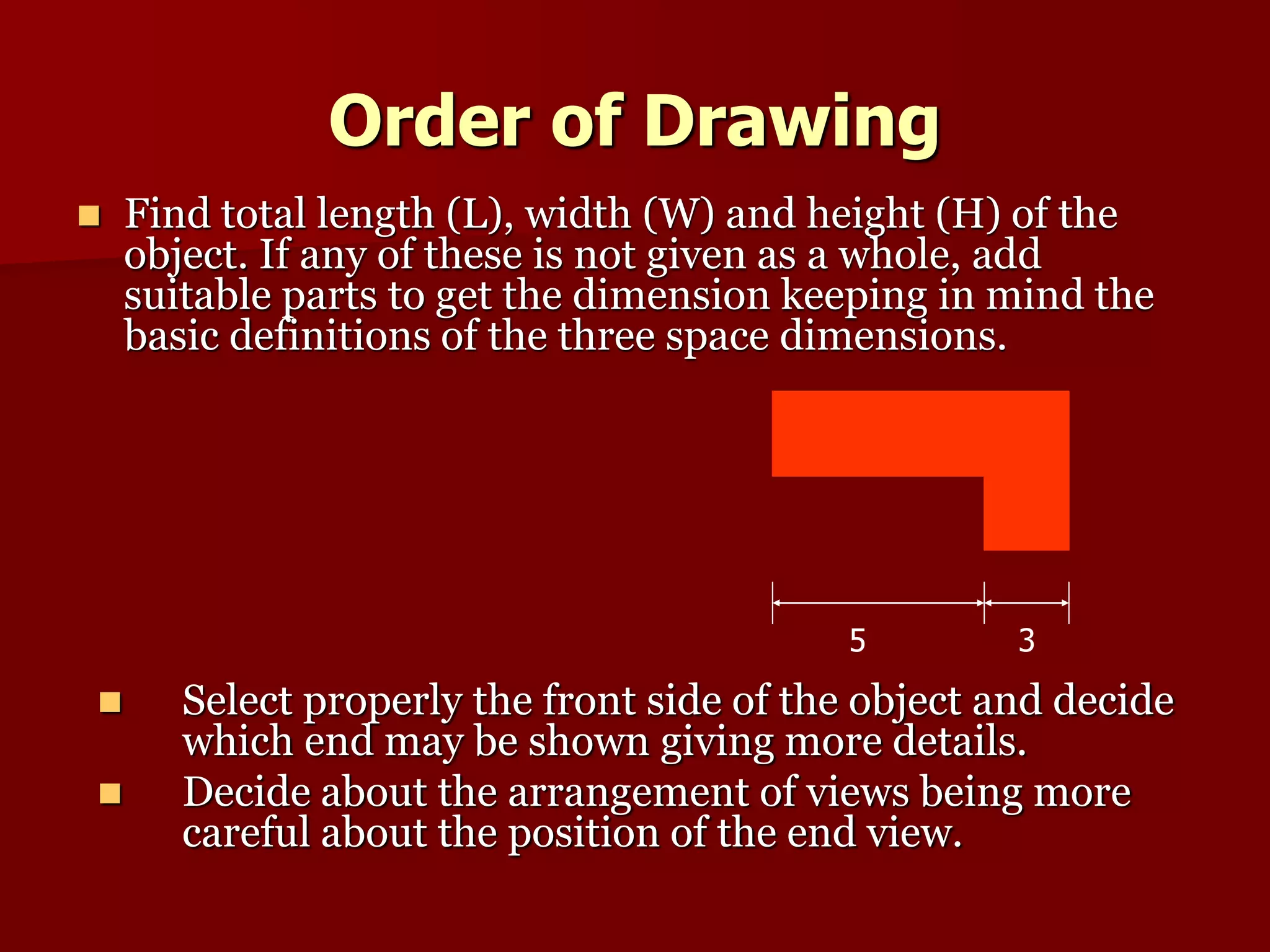 Order of Drawing 
 Find total length (L), width (W) and height (H) of the 
object. If any of these is not given as a whole, add 
suitable parts to get the dimension keeping in mind the 
basic definitions of the three space dimensions. 
5 3 
 Select properly the front side of the object and decide 
which end may be shown giving more details. 
 Decide about the arrangement of views being more 
careful about the position of the end view. 
 