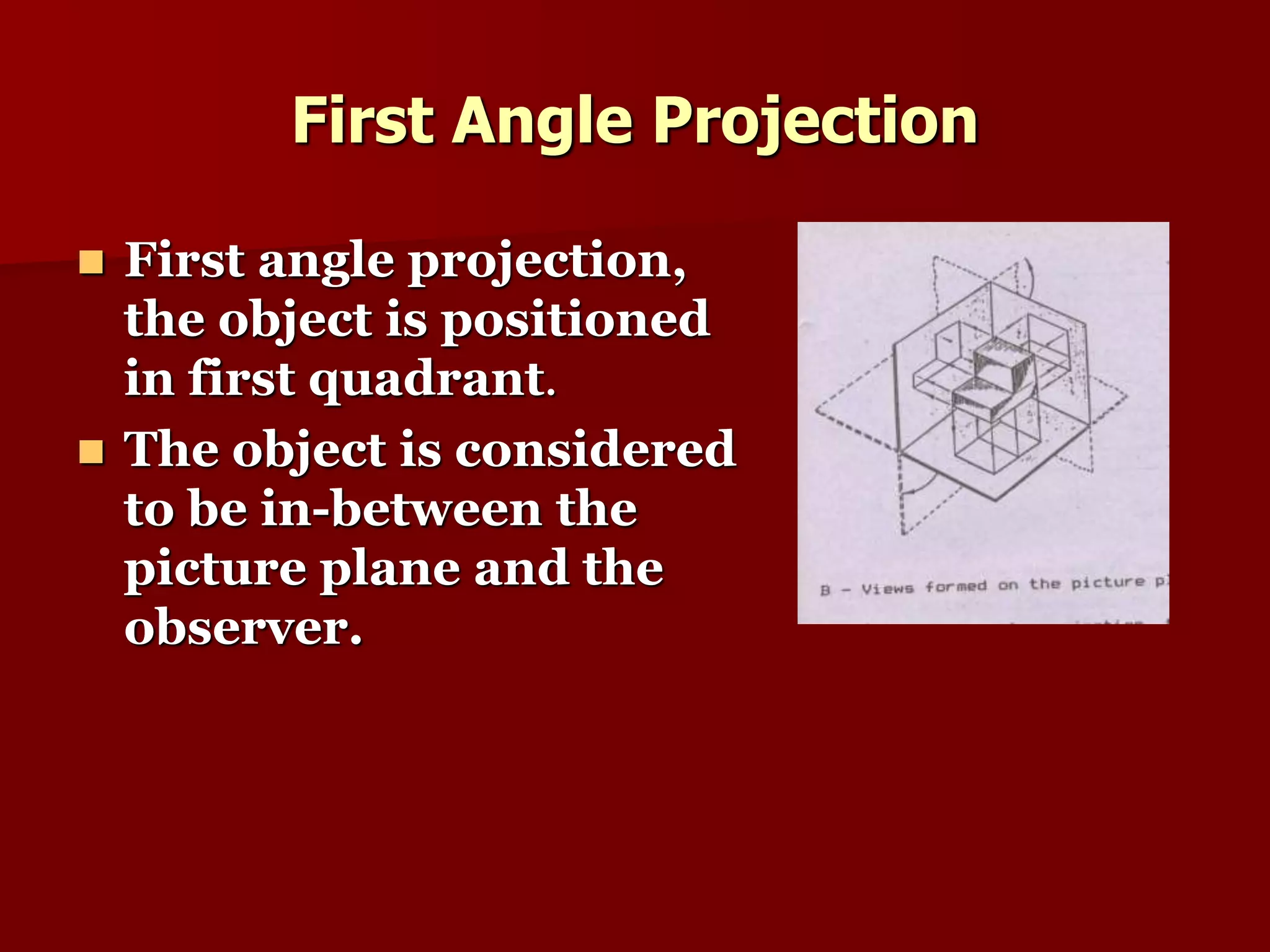 First Angle Projection 
 First angle projection, 
the object is positioned 
in first quadrant. 
 The object is considered 
to be in-between the 
picture plane and the 
observer. 
 