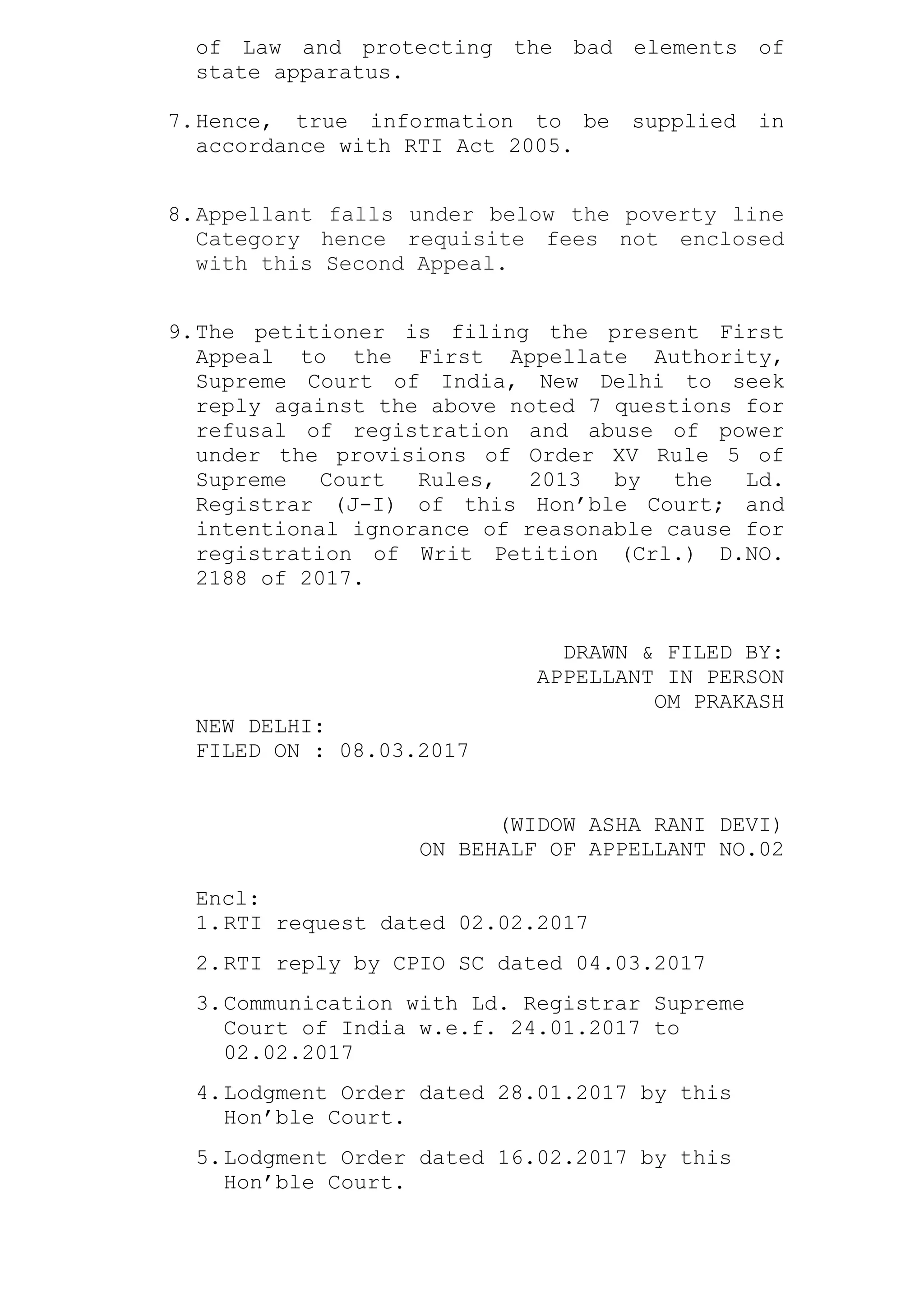 Registration Writ First appeal under RTI Act 2005 against Registrar (J-I) Supreme Court ...