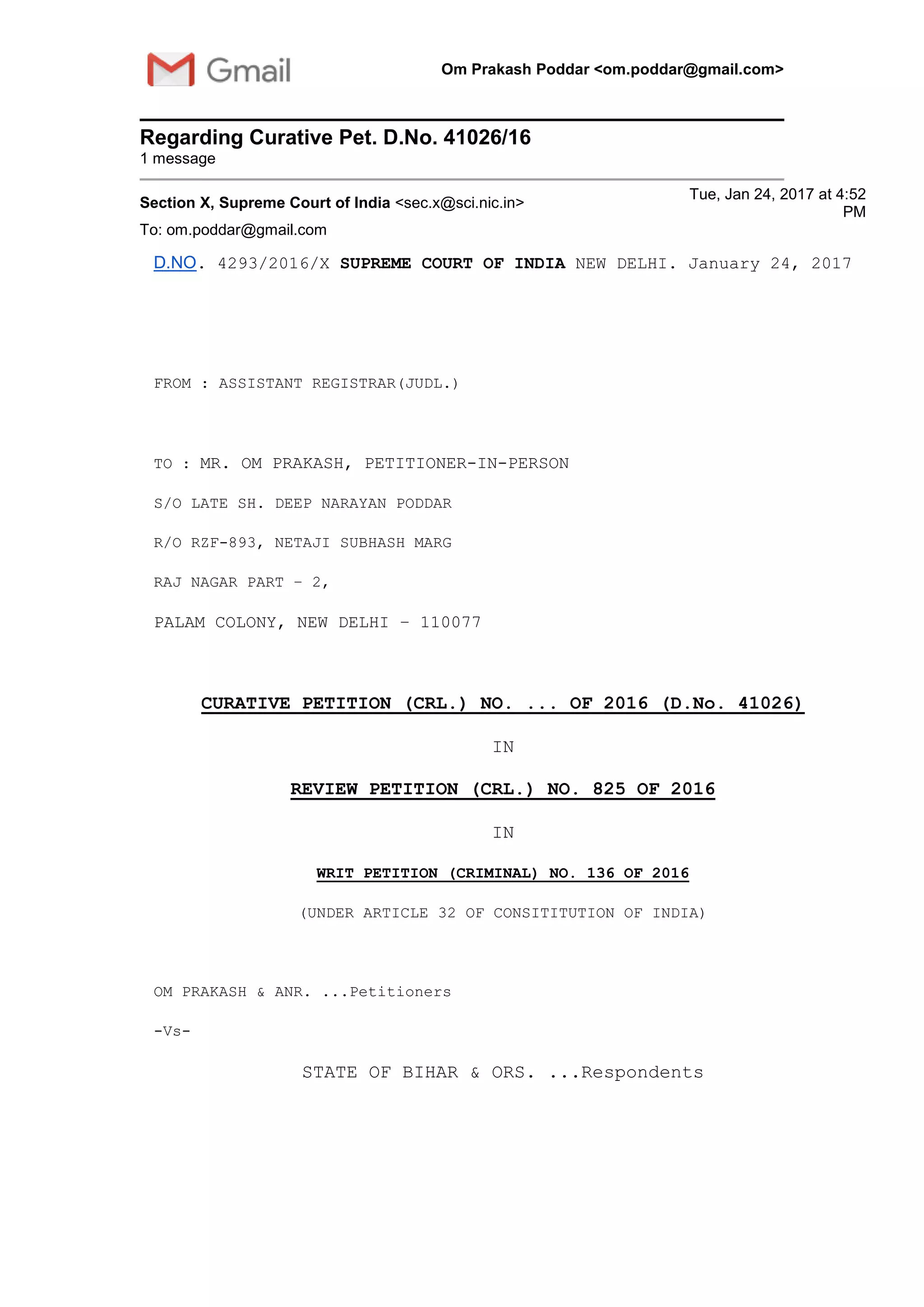 Registration Writ First appeal under RTI Act 2005 against Registrar (J-I) Supreme Court ...