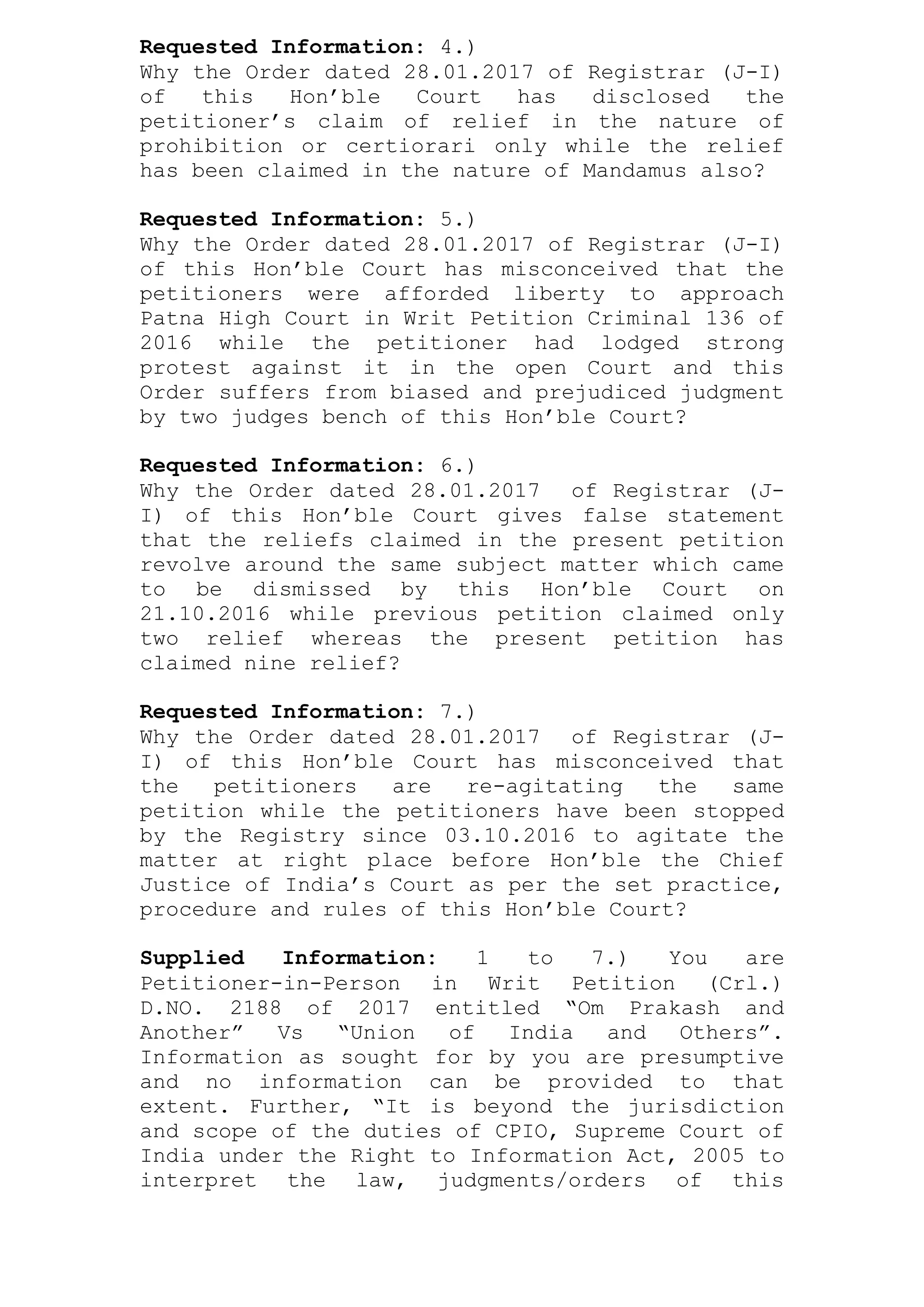 Registration Writ First appeal under RTI Act 2005 against Registrar (J-I) Supreme Court ...