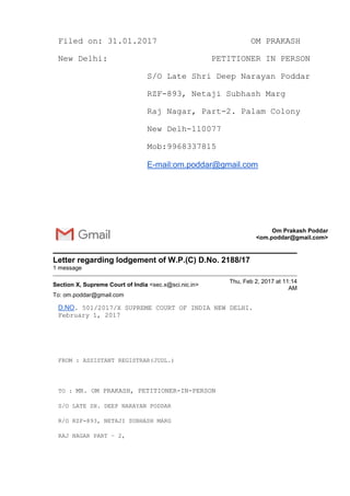 Registration Writ First appeal under RTI Act 2005 against Registrar (J-I) Supreme Court ...