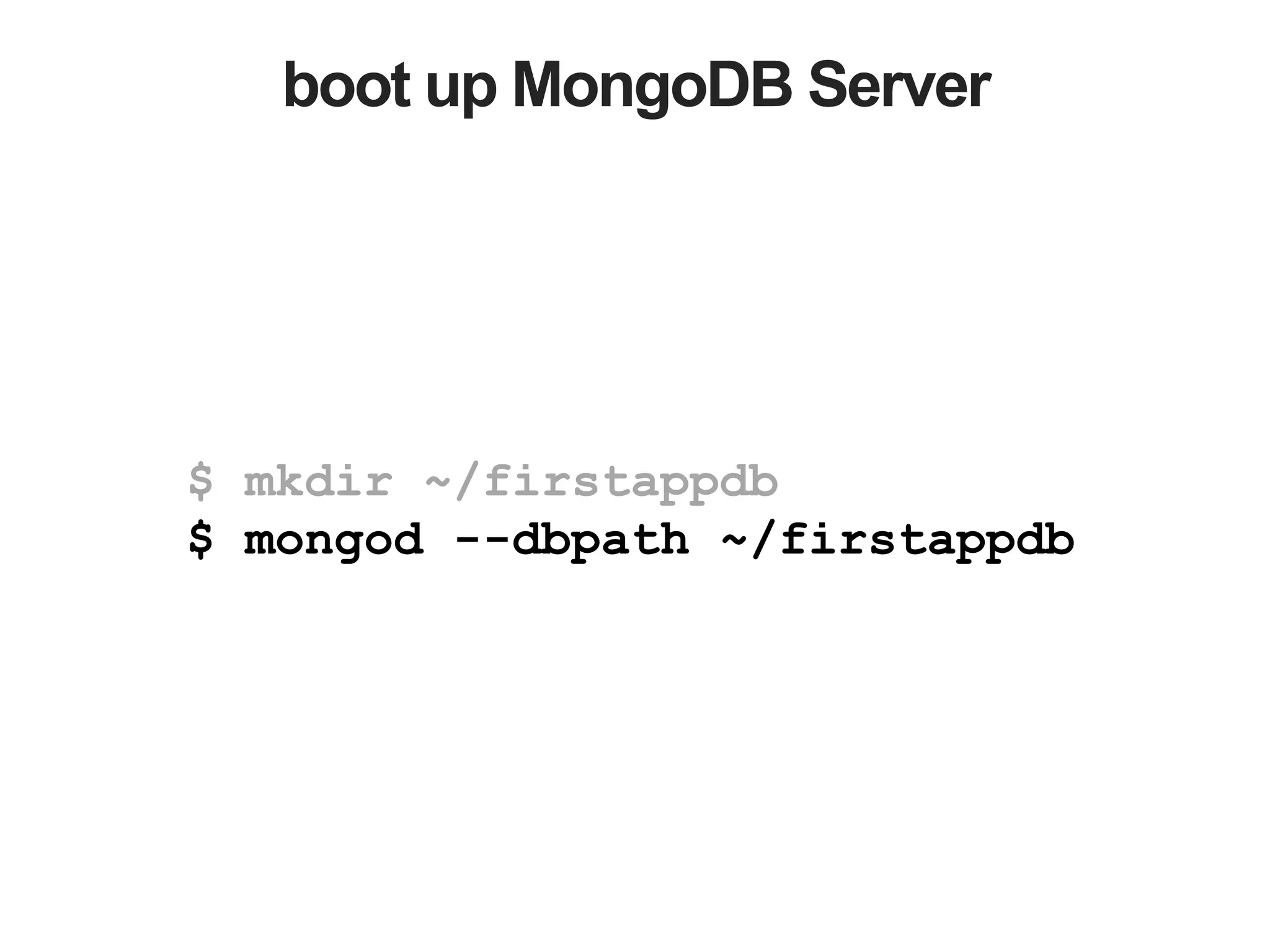 boot up MongoDB Server $ mkdir ~/firstappdb $ mongod --dbpath ~/firstappdb 