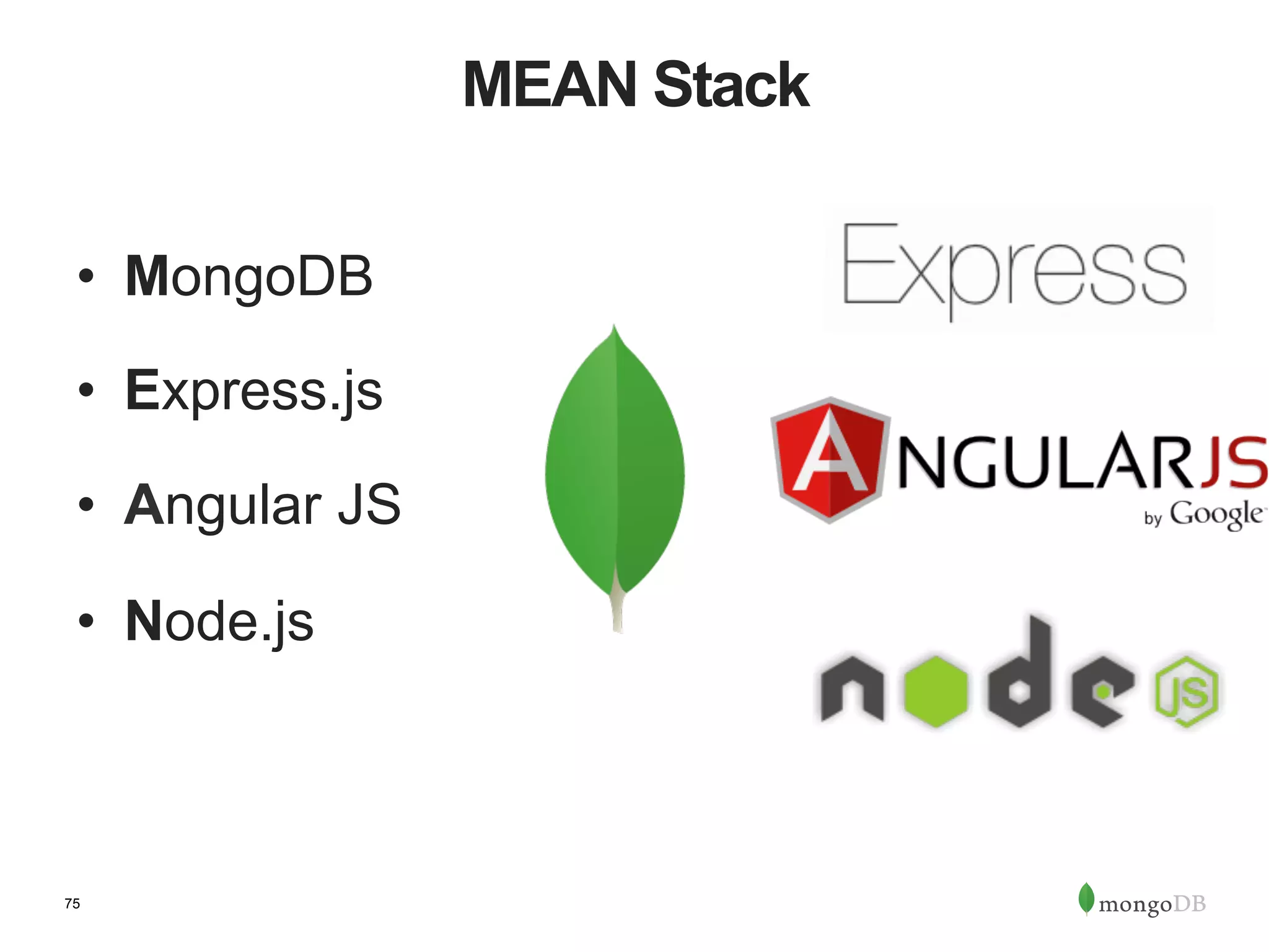 75 MEAN Stack •  MongoDB •  Express.js •  Angular JS •  Node.js 