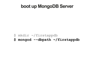 boot up MongoDB Server
$ mkdir ~/firstappdb
$ mongod --dbpath ~/firstappdb
 