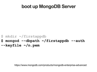 boot up MongoDB Server
$ mkdir ~/firstappdb
$ mongod --dbpath ~/firstappdb --auth
--keyfile ~/n.pem
https://www.mongodb.com/products/mongodb-enterprise-advanced
 