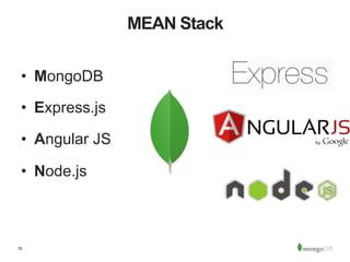 75
MEAN Stack
•  MongoDB
•  Express.js
•  Angular JS
•  Node.js
 