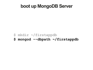 boot up MongoDB Server
$ mkdir ~/firstappdb
$ mongod --dbpath ~/firstappdb
 