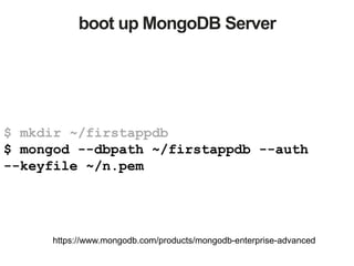 boot up MongoDB Server
$ mkdir ~/firstappdb
$ mongod --dbpath ~/firstappdb --auth
--keyfile ~/n.pem
https://www.mongodb.com/products/mongodb-enterprise-advanced
 