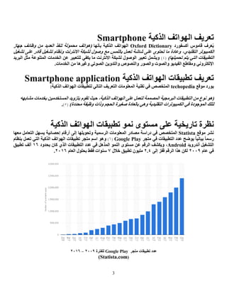 3
‫اٌزو١خ‬ ‫اٌٙٛارف‬ ‫رؼش٠ف‬Smartphone
٠‫ؼ‬‫ش‬‫أوغفٛسد‬ ‫لبِٛط‬ ‫ف‬Oxford Dictionary‫ثأٔٙب‬ ‫اٌزو١خ‬ ‫اٌٙٛارف‬‫(٘ٛارف‬‫عٙبص‬ ‫ٚظبئف‬ ِٓ ‫اٌؼذ٠ذ‬ ‫رٕفز‬ ‫ِؾٌّٛخ‬
‫اٌىّج١ٛرش‬،ٞ‫اٌزمٍ١ذ‬ً١‫رشغ‬ ٍٝ‫ػ‬ ‫لبدس‬ ً١‫رشغ‬ َ‫ٚٔظب‬ ‫االٔزشٔذ‬ ‫ٌشجىخ‬ ‫ٚطٛي‬ ‫ِغ‬ ‫ثبٌٍّظ‬ ًّ‫رؼ‬ ‫شبشخ‬ ٍٝ‫ػ‬ ٞٛ‫رؾز‬ ‫ِب‬ ‫ٚػبدح‬
ُ‫٠ز‬ ٟ‫اٌز‬ ‫اٌزطج١مبد‬‫رؾّ١ٍٙب‬)(3)ًّ‫ٚ٠ش‬‫اٌجش٠ذ‬ ً‫ِض‬ ‫اٌّزٕٛػخ‬ ‫اٌخذِبد‬ ٓ‫ػ‬ ‫ٌٍزؼج١ش‬ ٟ‫٠ىف‬ ‫ِب‬ ‫االٔزشٔذ‬ ‫ٌشجىخ‬ ‫اٌٛطٛي‬ ‫رؼج١ش‬
ٓ٠ٚ‫ٚاٌزذ‬ ‫ٚإٌظٛص‬ ‫ٚاٌظٛس‬ ‫ٚاٌظٛد‬ ٛ٠‫اٌف١ذ‬ ‫ِٚمبؽغ‬ ٟٔٚ‫اإلٌىزش‬.‫اٌخذِبد‬ ِٓ ‫ٚغ١ش٘ب‬ ٟ‫اٌظٛر‬
‫اٌزو١خ‬ ‫اٌٙٛارف‬ ‫رطج١مبد‬ ‫رؼش٠ف‬applicationSmartphone
‫ِٛلغ‬ ‫٠ٛسد‬techopedia‫اٌٙٛارف‬ ‫ٌزطج١مبد‬ ٌٟ‫اٌزب‬ ‫اٌزؼش٠ف‬ ‫اٌّؼٍِٛبد‬ ‫رمٕ١خ‬ ٟ‫ف‬ ‫اٌّزخظض‬‫اٌزو١خ‬:
ٛ٘(‫اٌٙٛارف‬ ٍٝ‫ػ‬ ًّ‫ٌزؼ‬ ‫اٌّظّّخ‬ ‫اٌجشِغ١خ‬ ‫اٌزطج١مبد‬ ِٓ ‫ٔٛع‬١‫ؽ‬ ،‫اٌزو١خ‬‫ش‬ٗٙ‫ِشبث‬ ‫ثخذِبد‬ ٓ١ِ‫اٌّغزخذ‬ ‫ثزضٚ٠ذ‬ َٛ‫رم‬
‫اٌىّج١ٛرشاد‬ ٟ‫ف‬ ‫اٌّٛعٛدح‬ ‫ٌزٍه‬‫اٌزمٍ١ذ٠خ‬‫ٚظ١فخ‬ ‫ٚراد‬ ُ‫اٌؾغ‬ ‫طغ١شح‬ ‫ثبٌؼبدح‬ ٟ٘ٚ)‫ِؾذدح‬(1).
‫ربس٠خ١خ‬ ‫ٔظشح‬ٜٛ‫ِغز‬ ٍٝ‫ػ‬‫اٌزو١خ‬ ‫اٌٙٛارف‬ ‫رطج١مبد‬ ّٛٔ
‫ِٛلغ‬ ‫ٔشش‬Statista‫اٌّؼٍِٛبد‬ ‫ِظبدس‬ ‫دساعخ‬ ٟ‫ف‬ ‫اٌّزخظض‬‫اٌشعّ١خ‬ًِ‫اٌزؼب‬ ًٙ‫٠غ‬ ‫ئؽظبئ١خ‬ َ‫أسلب‬ ٌٝ‫ئ‬ ‫ٚرؾٛ٠ٍٙب‬‫ِؼٙب‬
‫سعّب‬١ٔ‫ث١ب‬‫ب‬‫ِزغش‬ ٟ‫ف‬ ‫اٌزطج١مبد‬ ‫ػذد‬ ‫٠ٛػؼ‬Google Play(6)َ٘ٚٛ‫ثٕظب‬ ًّ‫رؼ‬ ٟ‫اٌز‬ ‫اٌزو١خ‬ ‫اٌٙٛارف‬ ‫رطج١مبد‬ ‫ِزغش‬ ُ‫اع‬
‫أٔذسٚ٠ذ‬ ً١‫اٌزشغ‬Android،ٓ‫ػ‬ ُ‫اٌشل‬ ‫ٚ٠ىشف‬‫ثؾذٚد‬ ْ‫وب‬ ٞ‫اٌز‬ ‫اٌزطج١مبد‬ ‫ػذد‬ ٟ‫ف‬ ً٘‫اٌّز‬ ٌّٕٛ‫ا‬ ٜٛ‫ِغز‬05١‫رطج‬ ‫أٌف‬‫ك‬
َ‫ػب‬ ٟ‫ف‬6009ٌٝ‫ئ‬ ‫لفض‬ ُ‫اٌشل‬ ‫٘زا‬ ٓ‫ٌى‬6.4‫خالي‬ ‫رطج١ك‬ ْٛ١ٍِ7َ‫اٌؼب‬ ‫ثؾٍٛي‬ ‫فمؾ‬ ‫عٕٛاد‬6005.
‫ِزغش‬ ‫رطج١مبد‬ ‫ػذد‬Google Play‫ٌٍفزشح‬6009–6005
(Statista.com)
 