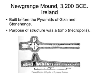 Newgrange Mound, 3,200 BCE.
Ireland
● Built before the Pyramids of Giza and
Stonehenge.
● Purpose of structure was a tomb (necropolis).
 