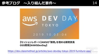 参考ブログ 〜⼊り組んだ要件〜 14
https://dev.classmethod.jp/articles/aws-devday-tokyo-2019-furniture-oss/
 