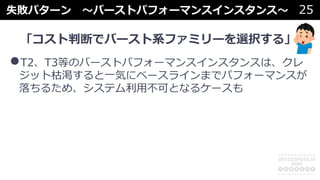 失敗パターン 〜バーストパフォーマンスインスタンス〜 25
「コスト判断でバースト系ファミリーを選択する」
•T2、T3等のバーストパフォーマンスインスタンスは、クレ
ジット枯渇すると⼀気にベースラインまでパフォーマンスが
落ちるため、システム利⽤不可となるケースも
 