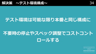 解決策 〜テスト環境構成〜 34
テスト環境は可能な限り本番と同じ構成に
不要時の停⽌やスペック調整でコストコント
ロールする
 