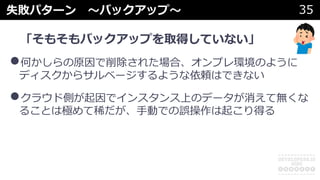 失敗パターン 〜バックアップ〜 35
「そもそもバックアップを取得していない」
•何かしらの原因で削除された場合、オンプレ環境のように
ディスクからサルベージするような依頼はできない
•クラウド側が起因でインスタンス上のデータが消えて無くな
ることは極めて稀だが、⼿動での誤操作は起こり得る
 
