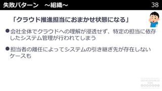 失敗パターン 〜組織〜 38
「クラウド推進担当におまかせ状態になる」
•会社全体でクラウドへの理解が浸透せず、特定の担当に依存
したシステム管理が⾏われてしまう
•担当者の離任によってシステムの引き継ぎ先が存在しない
ケースも
 