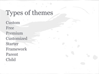 Types of themes
Custom
Free
Premium
Customized
Starter
Framework
Parent
Child
 