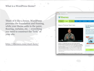What is a WordPress theme?




Think of it like a house. WordPress
provides the foundation and framing,
while your theme a...