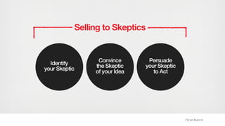 Selling to Skeptics
Identify
your Skeptic
Convince
the Skeptic
of your Idea
Persuade
your Skeptic
to Act
 