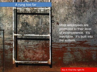 Key 4: Find the right fit
A rung too far
Most employees are
promoted to their level
of incompetence. It’s
inevitable. It’s...
