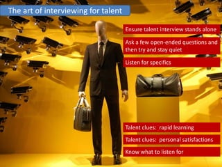 The art of interviewing for talent
Ensure talent interview stands alone
Ask a few open-ended questions and
then try and st...
