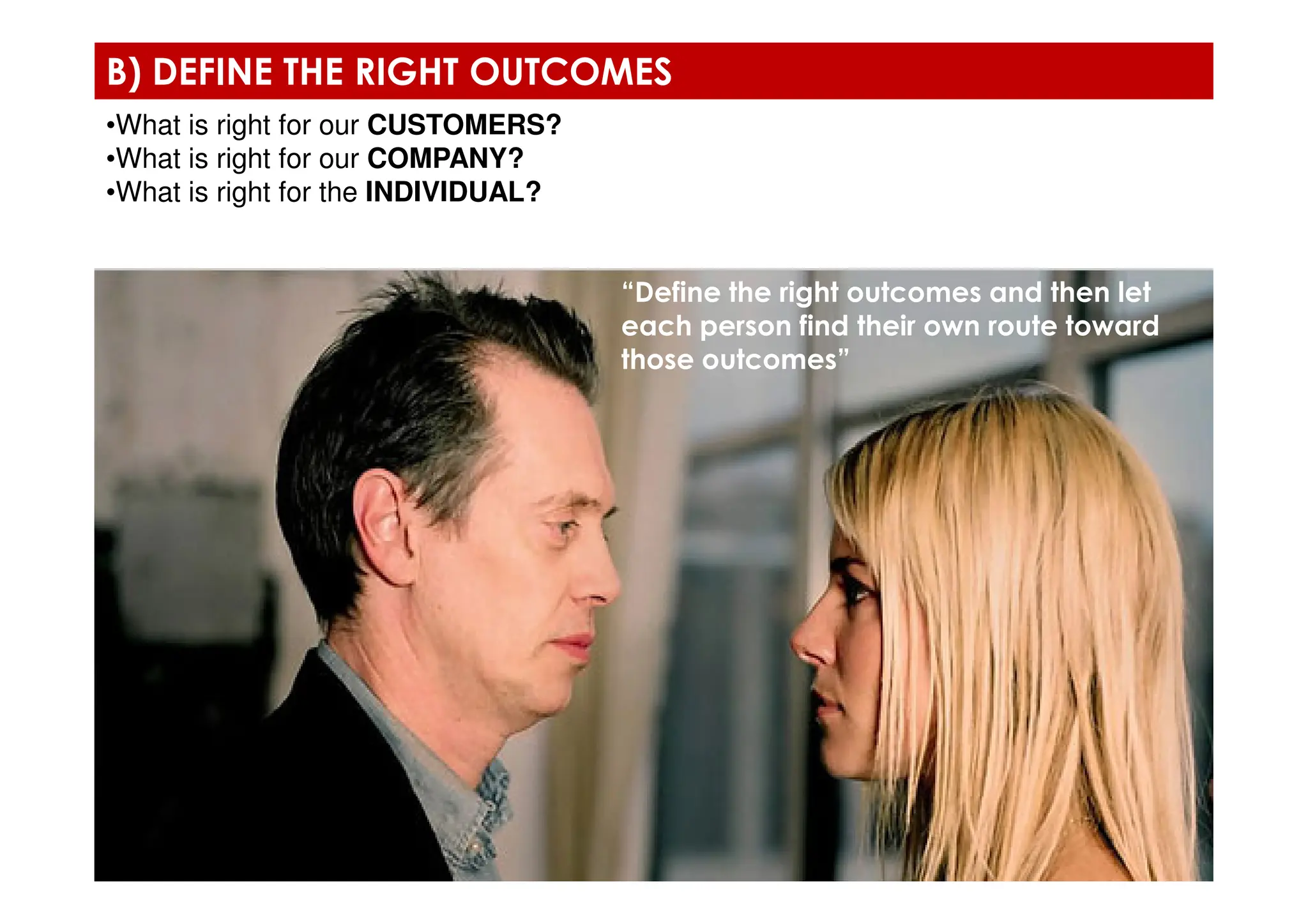 •What is right for our CUSTOMERS?
•What is right for our COMPANY?
•What is right for the INDIVIDUAL?
B) DEFINE THE RIGHT OUTCOMES
“Define the right outcomes and then let
each person find their own route toward
those outcomes”
 