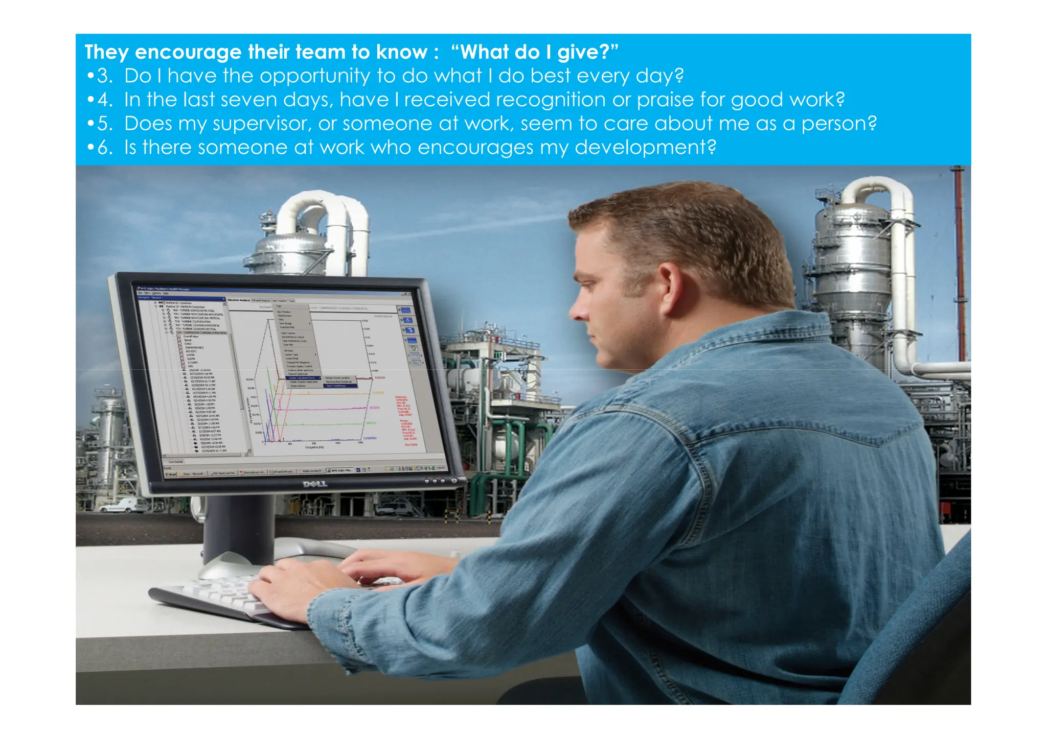 They encourage their team to know : “What do I give?”
•3. Do I have the opportunity to do what I do best every day?
•4. In the last seven days, have I received recognition or praise for good work?
•5. Does my supervisor, or someone at work, seem to care about me as a person?
•6. Is there someone at work who encourages my development?
 