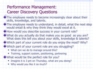 Performance Management:  Career Discovery Questions <ul><li>The employee needs to become increasingly clear about their sk...