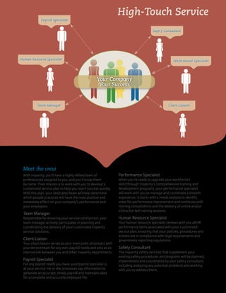 High-Touch Service
              Payroll Specialist


                                                                                        Safety Consultant




Human Resource Specialist                                                                             Performance Specialist




                                                     Your Company
                                                      Your Success


           Team Manager                                                                            Client Liaison




  Meet the crew
  With Insperity, you’ll have a highly skilled team of            Performance Specialist
  professionals assigned to you, and you’ll know them             When you’re ready to upgrade your workforce’s
  by name. Their mission is to work with you to develop a         skills through Insperity’s comprehensive training and
  customized service plan to help you reach success quickly.      development programs, your performance specialist
  With this plan, your dedicated team will help determine         will work with you to manage and coordinate a smooth
  which people practices will have the most positive and          experience. It starts with a needs analysis to identify
  immediate effect on your company’s performance and              areas for performance improvement and continues with
  your employees.                                                 training consultations and the delivery of online and/or
                                                                  instructor-led training sessions.
  Team Manager
  Responsible for ensuring your service satisfaction, your        Human Resource Specialist
  team manager actively participates in planning and              Your human resource specialist reviews with you all HR
  coordinating the delivery of your customized Insperity          performance items associated with your customized
  service solutions.                                              service plan, ensuring that your policies, procedures and
                                                                  actions are in compliance with legal requirements and
  Client Liaison                                                  government reporting regulations.
  Your client liaison serves as your main point of contact with
  your service team for any non-payroll needs and acts as an      Safety Consultant
  internal link between you and other Insperity departments.      The Insperity safety services that supplement your
                                                                  existing safety procedures and programs will be planned,
  Payroll Specialist                                              implemented and coordinated by your safety consultant,
  For any payroll needs you have, your payroll specialist is      including analyzing any potential problems and working
  at your service. He or she processes pay information to         with you to address them.
  generate an accurate, timely payroll and maintains data
  for a complete and accurate employee file.
 